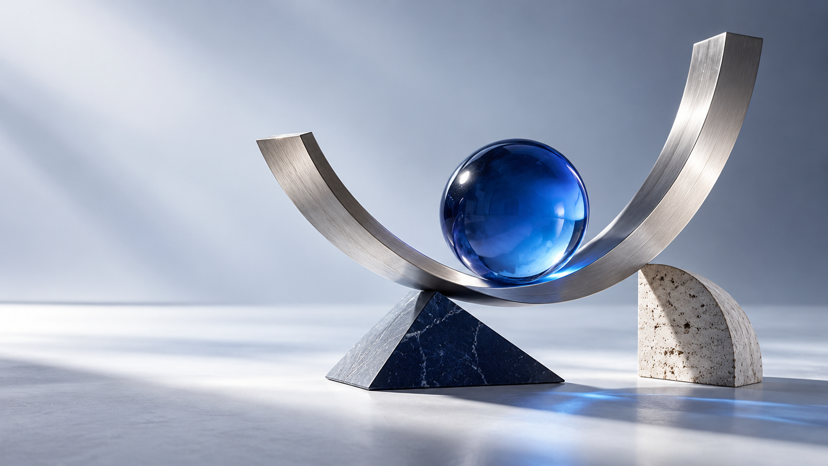 Composición escultórica de equilibrio con metal, vidrio azul y piedra, una metáfora de perspectiva estratégica